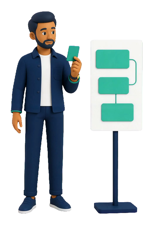 An illustrated AI consultant moving a workflow card from an architecture map