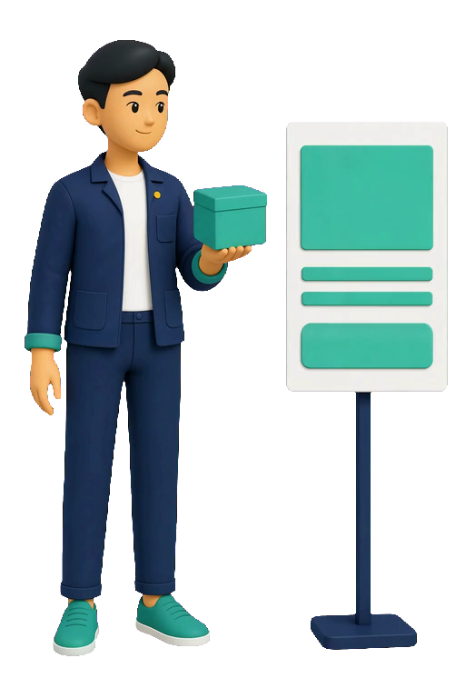 An illustrated online merchant presenting a parcel beside a storefront